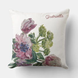 Akvarellblommig monogram vit grön rosabränd rosa  kudde