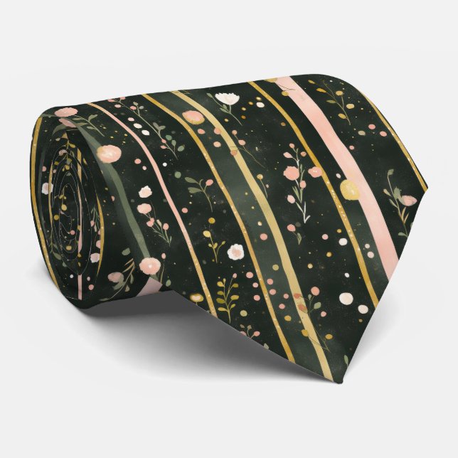 Akvarellblommig randig mörkgrön guld rosa herr slips (Rullad)