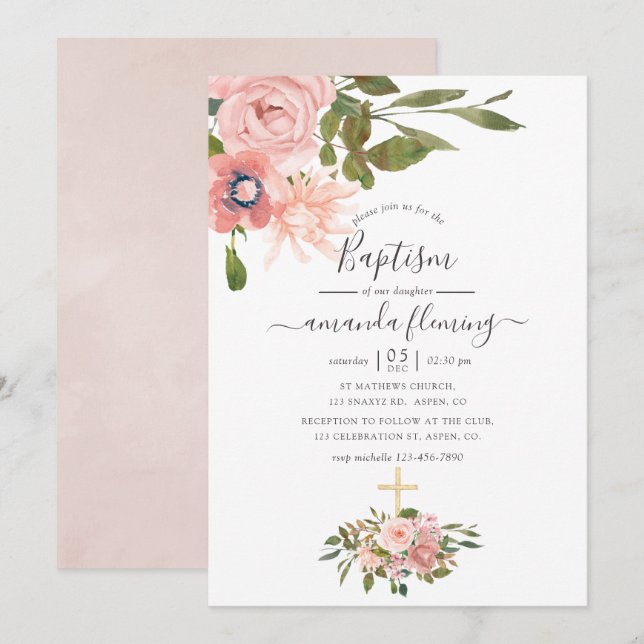 Akvarellblommig Rosa och Roséguld Dop Inbjudningar (Fram/baksida)