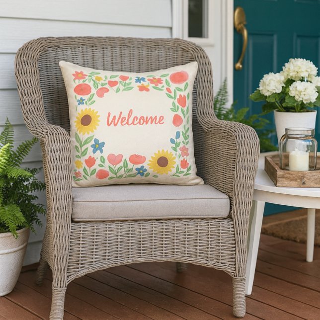 Akvarellblommig Välkommen till vårt hem  Kudde (Welcome guests to your porch or outdoor space with a floral porch pillow )