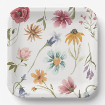 Akvarellblommiga pappers tallrikar