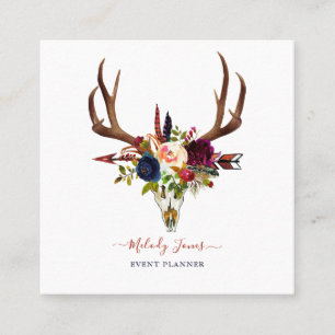 AKVARELLBLOMMOR, BOHO SKULL+ARROW FYRKANTIGT VISITKORT