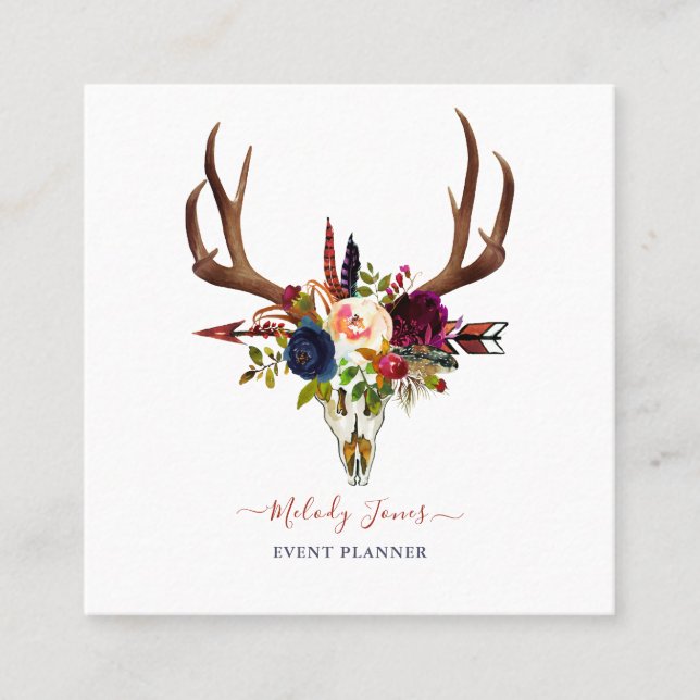AKVARELLBLOMMOR, BOHO SKULL+ARROW FYRKANTIGT VISITKORT (Framsida)