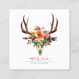 AKVARELLBLOMMOR, BOHO SKULL+ARROW FYRKANTIGT VISITKORT