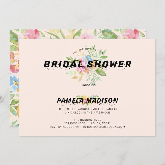 Akvarellblommor bukett & modern typografi inbjudningar (Fram/baksida)