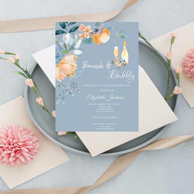 Akvarellblommor Dammigt Blå Brunch & Bubbly Inbjudningar (Skapare uppladdad)