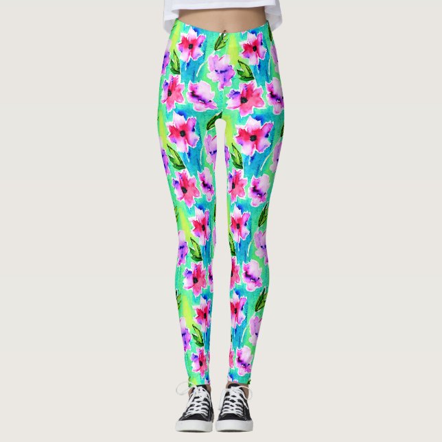 Akvarellblommor Gröna, Rosa och Blå Leggings (Framsida)