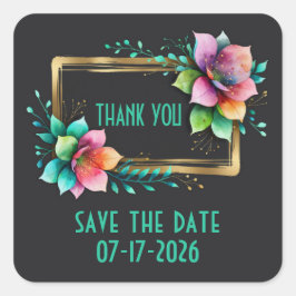 Akvarellblommor - Guldram 34 + din text Fyrkantigt Klistermärke