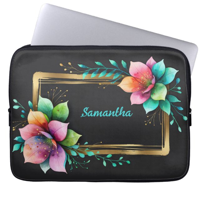 Akvarellblommor - Guldram 34 + din text Laptop Fodral (Framsidan)