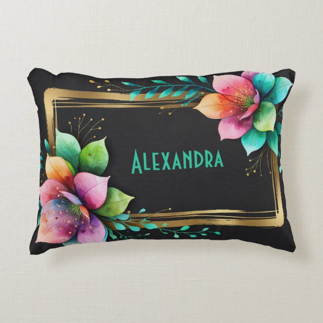 Akvarellblommor - Guldram 34 + din text Prydnadskudde (Framsidan)