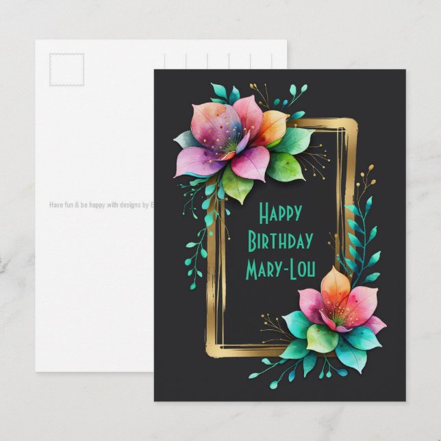 Akvarellblommor - Guldram 34 + din text Vykort (Fram/baksida)