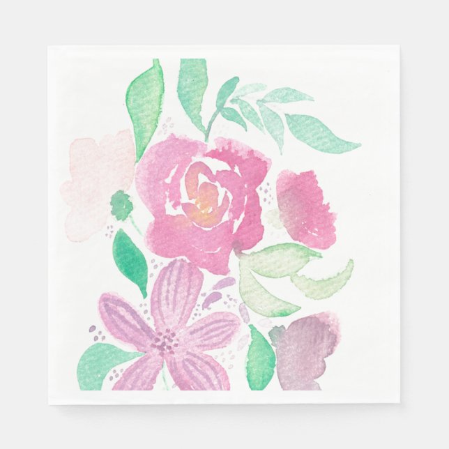 Akvarellblommor Handmålade Mönstrade Servetter (Framsidan)