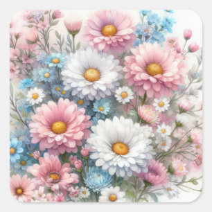 Akvarellblommor i mjuka pasteller  fyrkantigt klistermärke