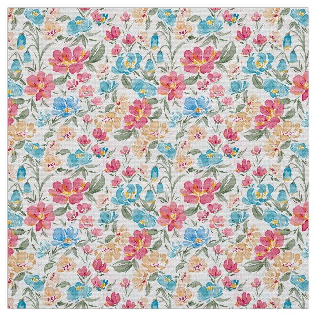 Akvarellblommor i rosa och blått, blomsterträdgård tyg (Provkarta)