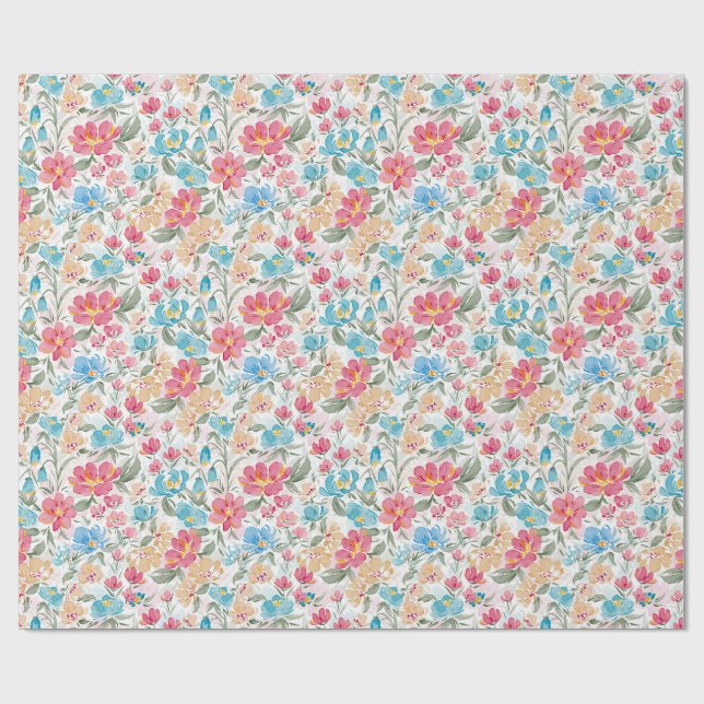 Akvarellblommor i rosa och blått presentpapper (Platt)