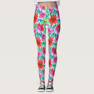 Akvarellblommor i turkos, röd och rosa leggings