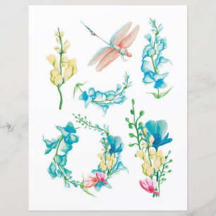 Akvarellblommor insekter att klippa ut och kola