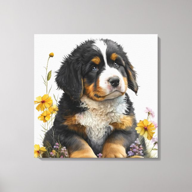 Akvarellblommor och Bernese-valp Canvastryck (Framsida)