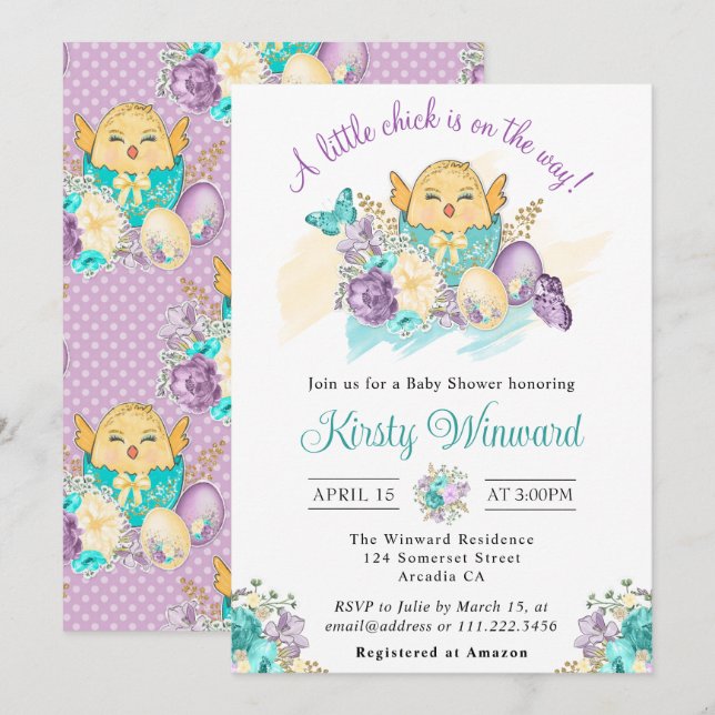 Akvarellblommor och mysig kyckling Baby Shower Inbjudningar (Fram/baksida)