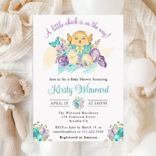 Akvarellblommor och mysig kyckling Baby Shower Inbjudningar