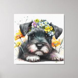 Akvarellblommor och Schnauzer-valp Canvastryck