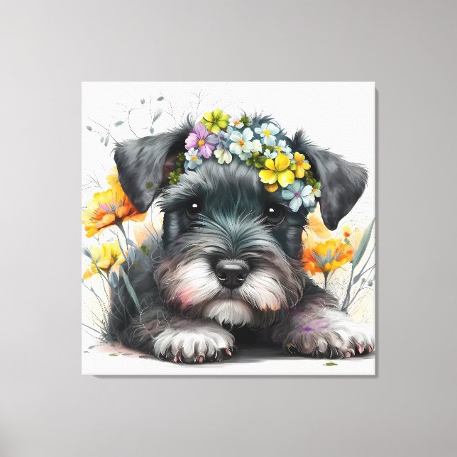 Akvarellblommor och Schnauzer-valp  Canvastryck (Framsida)