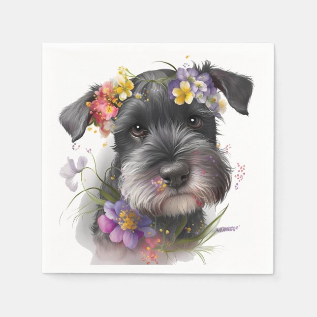 Akvarellblommor och Schnauzer-valp Pappersservett (Framsidan)