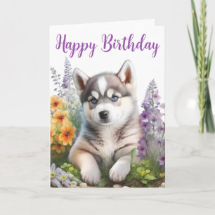 Akvarellblommor och sibirisk husky-valp kort