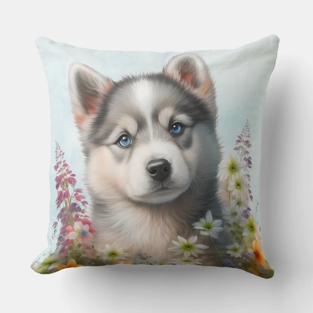 Akvarellblommor och sibirisk husky-valp kudde (Framsida)