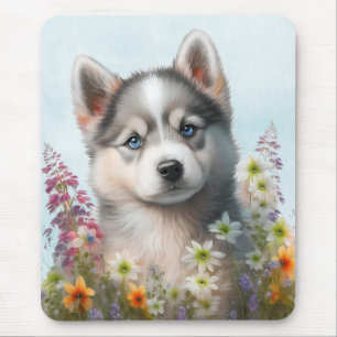 Akvarellblommor och sibirisk husky-valp musmatta