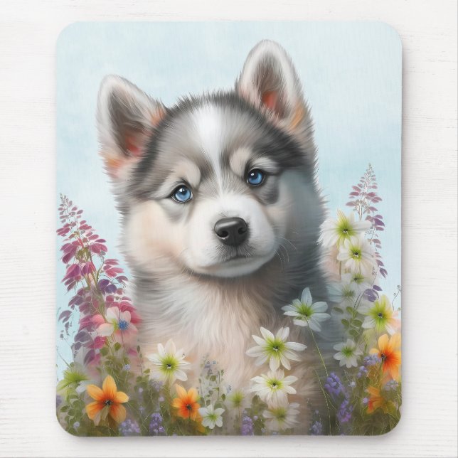 Akvarellblommor och sibirisk husky-valp musmatta (Framsidan)