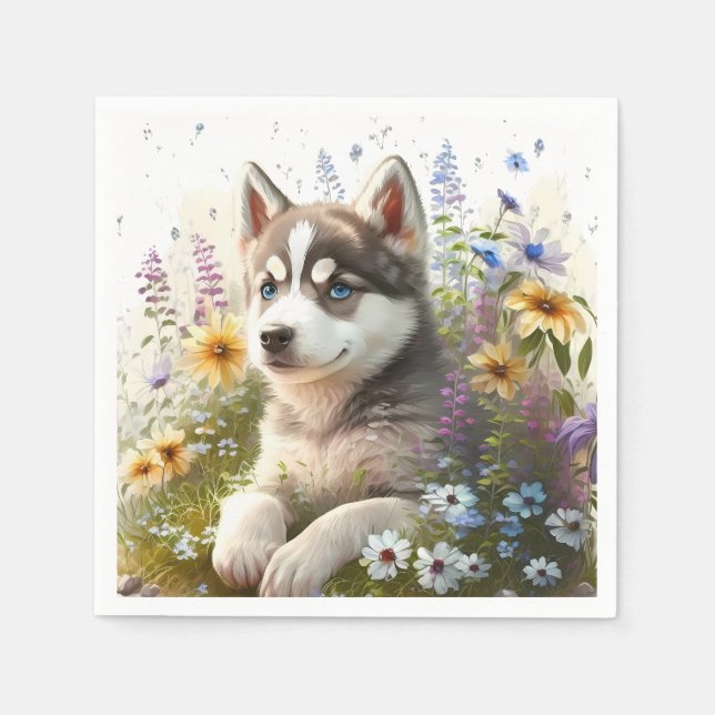 Akvarellblommor och sibirisk husky-valp pappersservett (Framsidan)