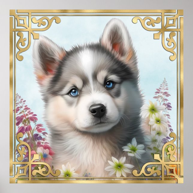 Akvarellblommor och sibirisk husky-valp poster (Framsidan)