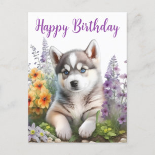 Akvarellblommor och sibirisk husky-valp vykort