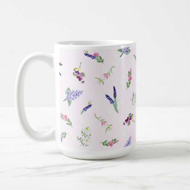 Akvarellblommor på blekrosa spetsig textur kaffemugg (Vänster)