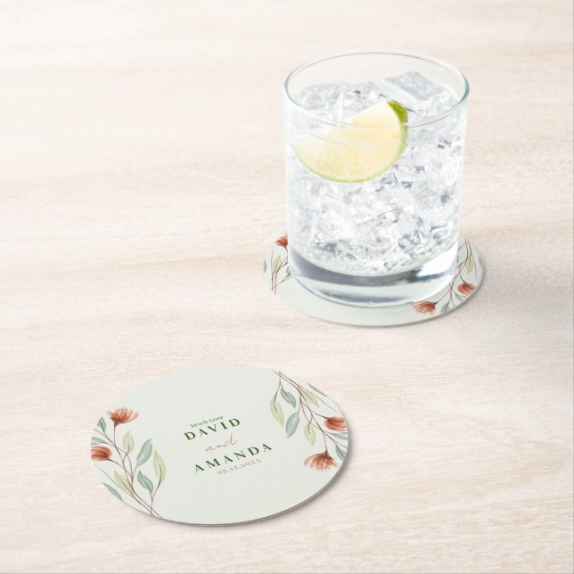 Akvarellblommor Pastellgrön Underlägg Papper Rund (Insitu)