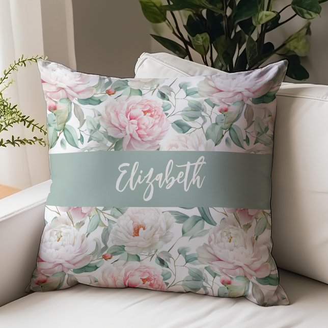 Akvarellblommor Peonies Skriptnamn Rosa Grön Kudde (Skapare uppladdad)