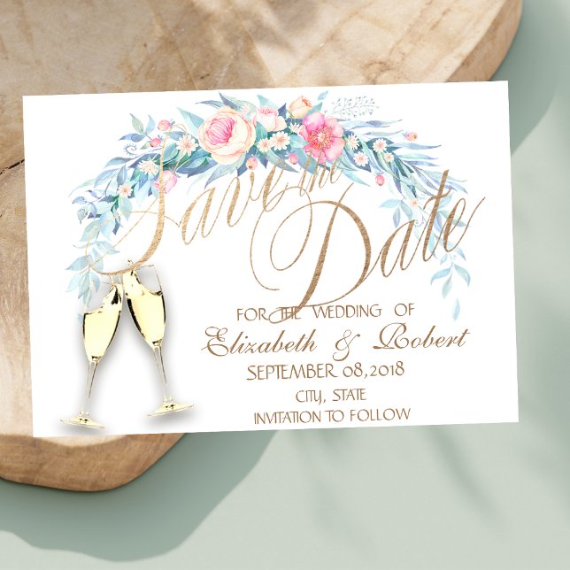 Akvarellblommor, prickiga vinglas Save The Date Spara Datumet (Skapare uppladdad)