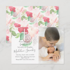 Akvarellblommor Rosa Dopning Bebis Invitation   Inbjudningar
