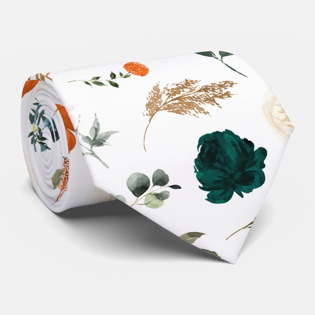 Akvarellblommor Skoggrön Rost Orange Rosor Slips (Rullad)
