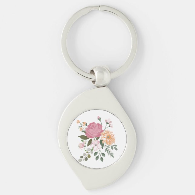 Akvarellblommor  swirl silverfärgad nyckelring (Framsidan)