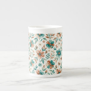 Akvarellblommor Teal Koppar  Benporslin Mugg