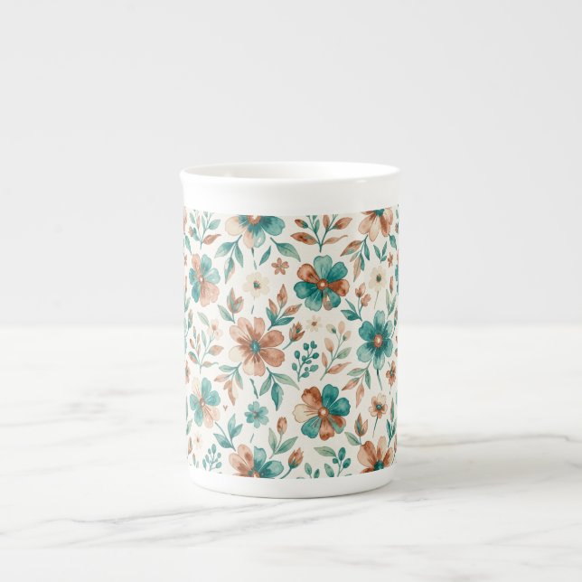 Akvarellblommor Teal Koppar  Benporslin Mugg (Framsidan)