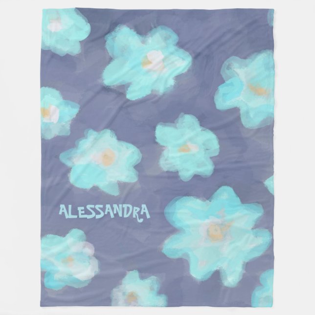 Akvarellblommor tealblå monogram vilda blommor  fleecefilt (Framsidan)