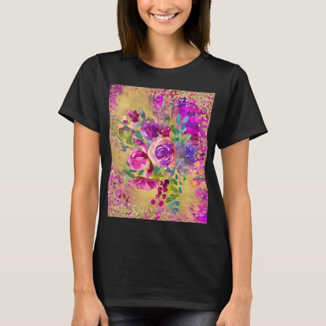 Akvarellblomsterbukett på hallonrosa t shirt (Framsida)