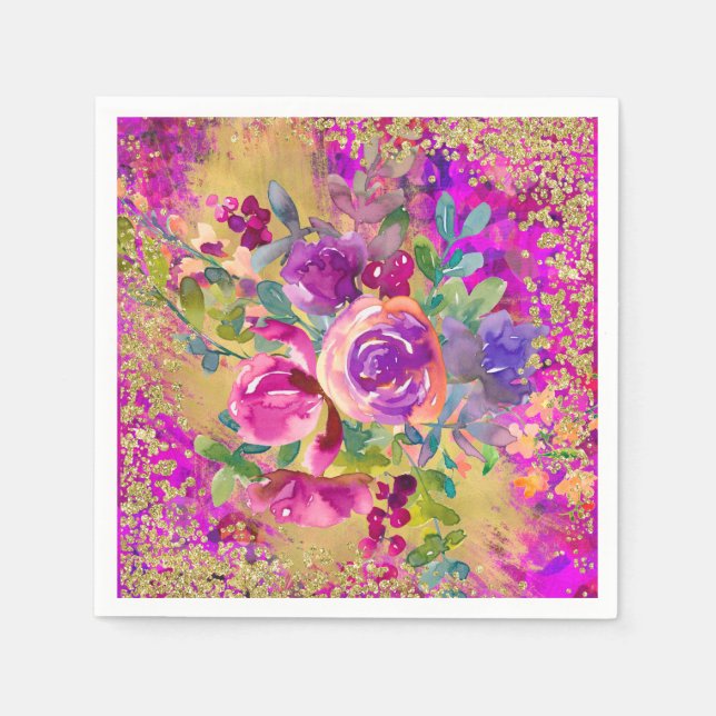 Akvarellblomsterbukett på rosa glitter pappersservett (Framsidan)