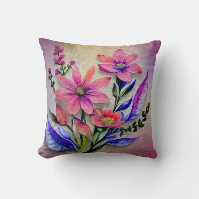 Akvarellbukett blommor, färgrik bakgrund    kudde (Framsida)