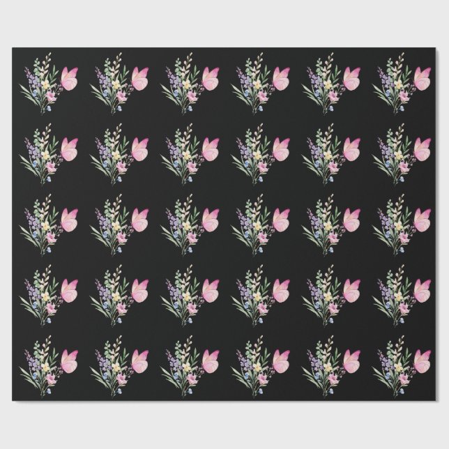 Akvarellbukett med vilda blommor och rosa fjäril presentpapper (Platt)