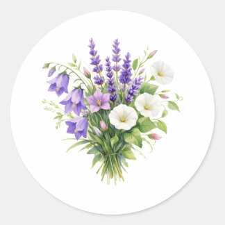 Akvarellbukett med vilda blommor runt klistermärke