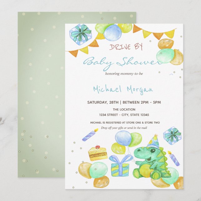 Akvarelldinosaurier kör förbi baby shower inbjudningar (Fram/baksida)